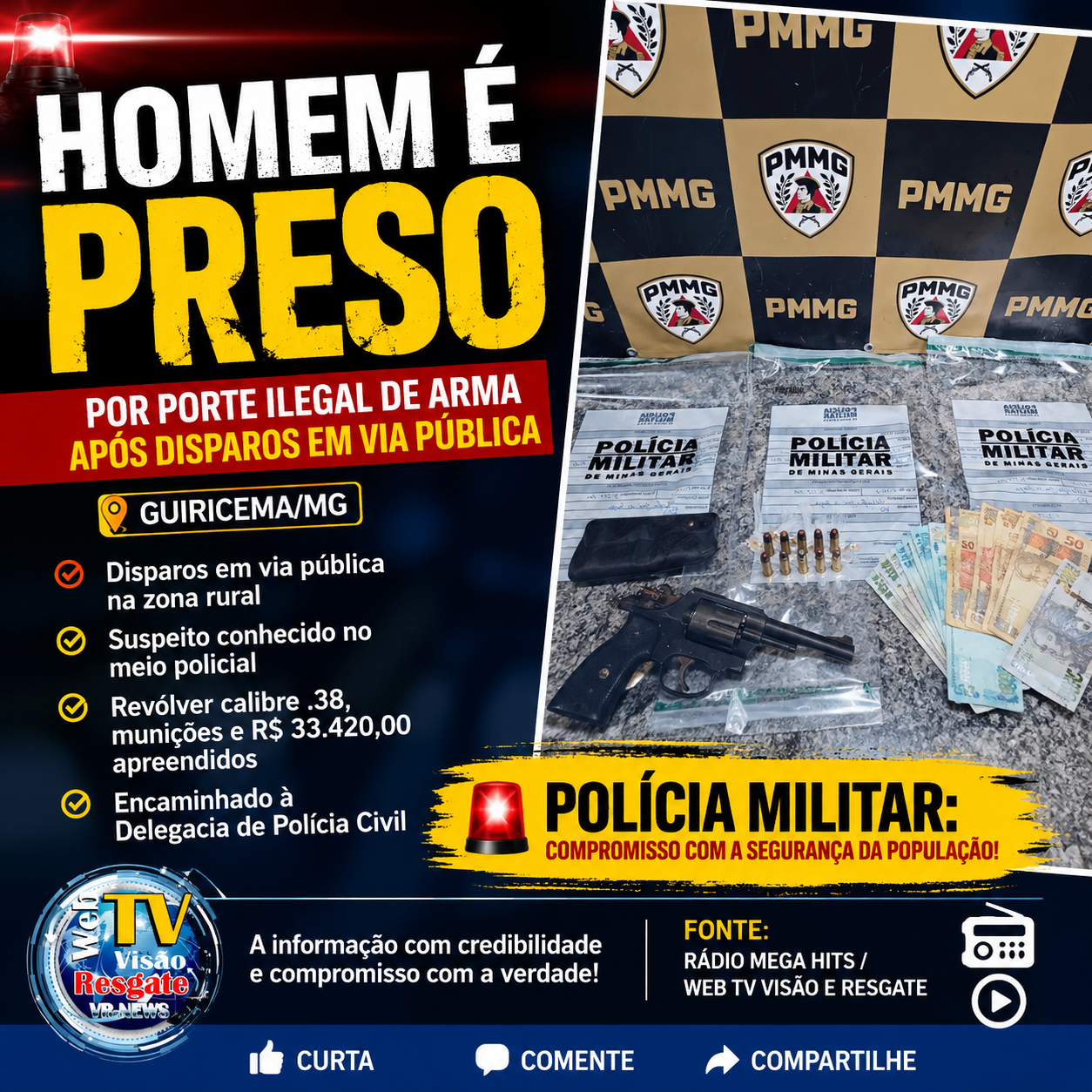 Segue HOMEM É PRESO POR PORTE ILEGAL DE ARMA APÓS DISPAROS EM VIA PÚBLICA EM GUIRICEMA.