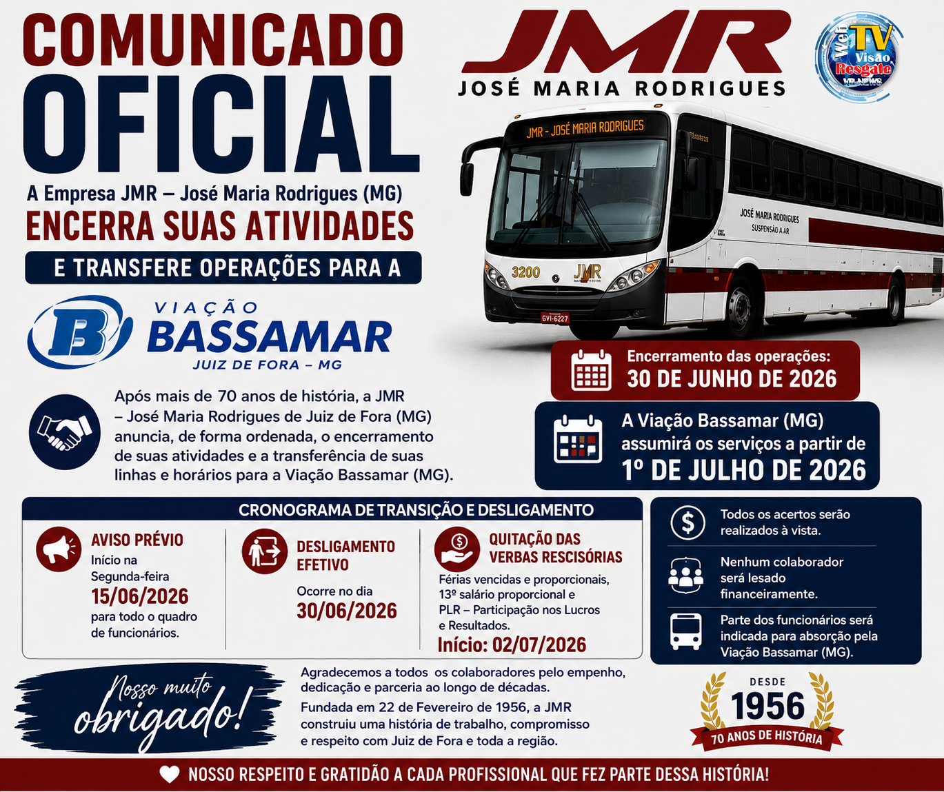 Fim de uma era: JMR encerra atividades após 70 anos e operações passam para a Viação Bassamar.
