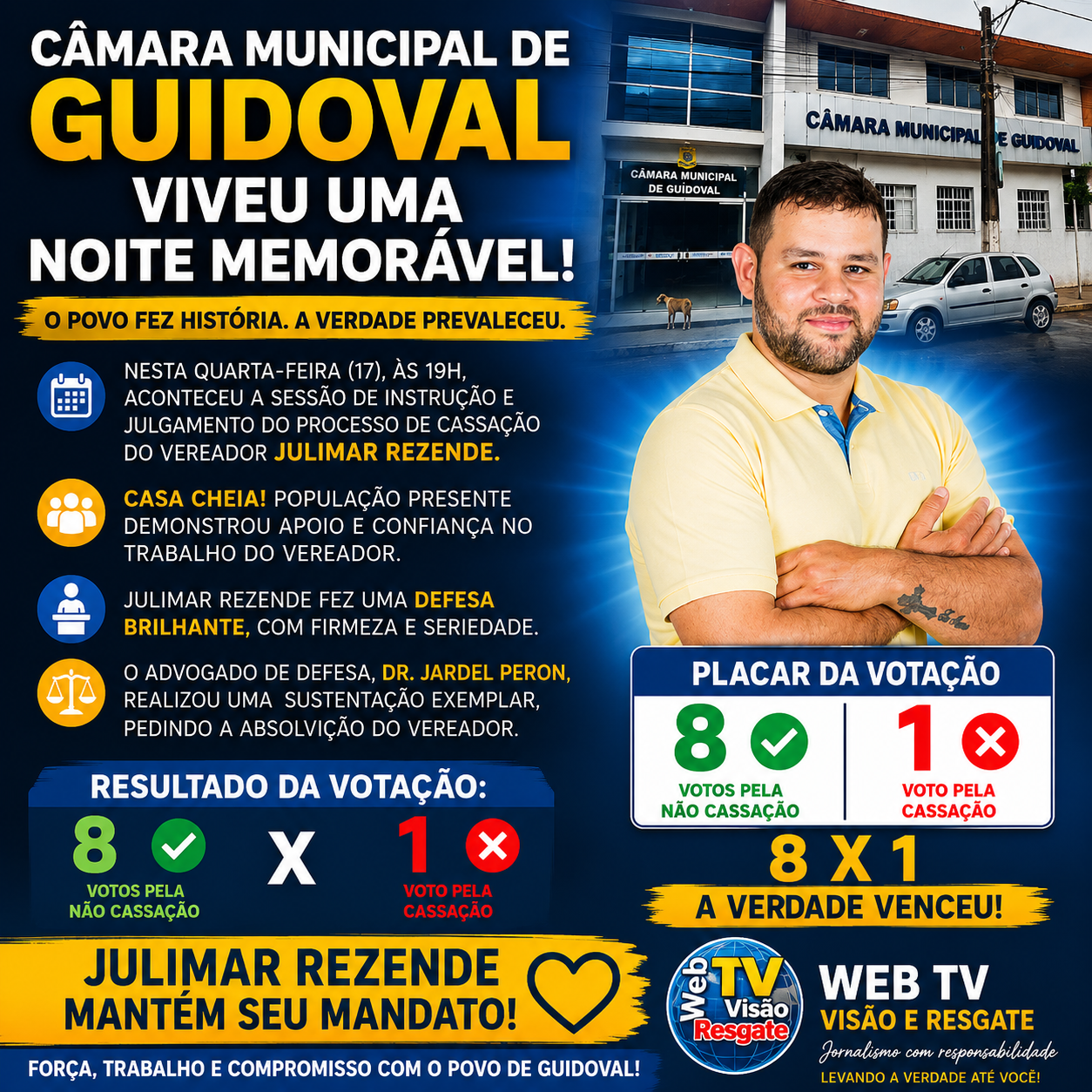 Vereador Julimar Rezende Tem Mandato Mantido por 8x1 em Sessão Histórica na Câmara de Guidoval.