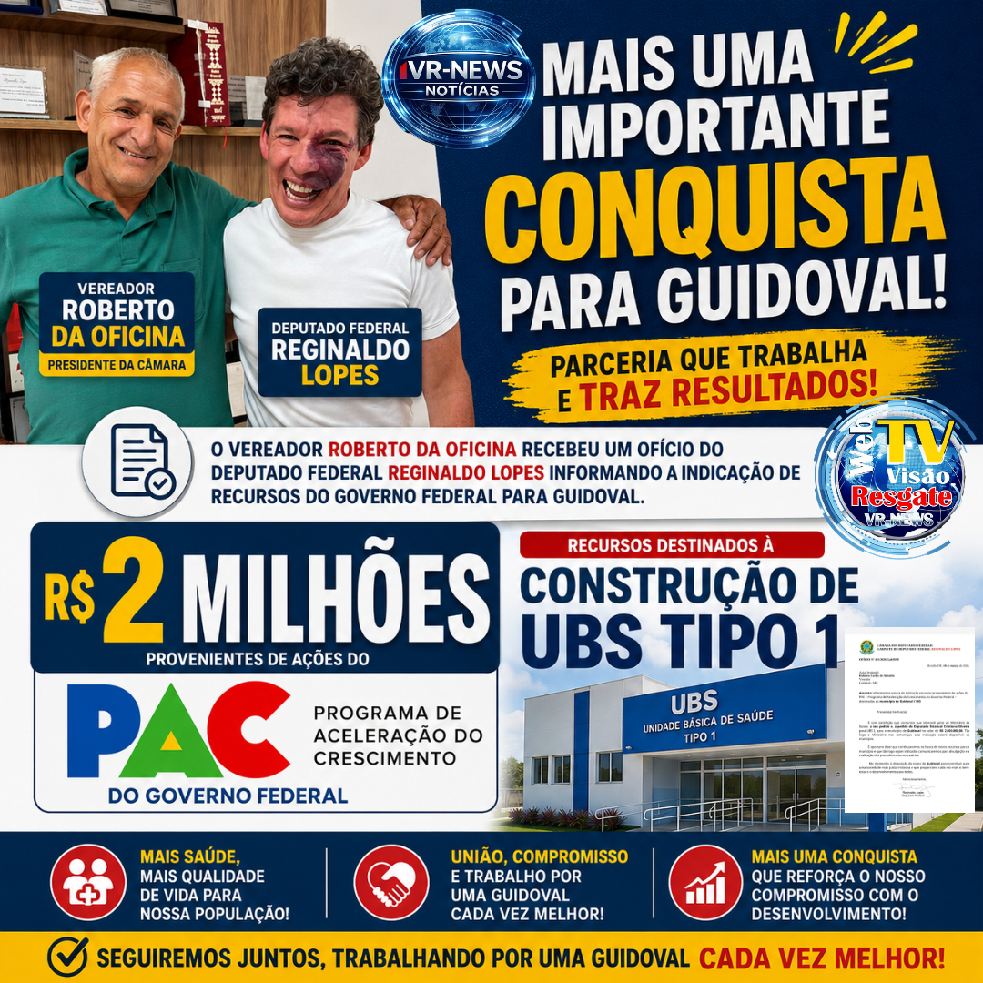 Guidoval conquista R$ 2 milhões para construção de UBS Tipo 1 por meio de articulação do vereador Roberto da Oficina.