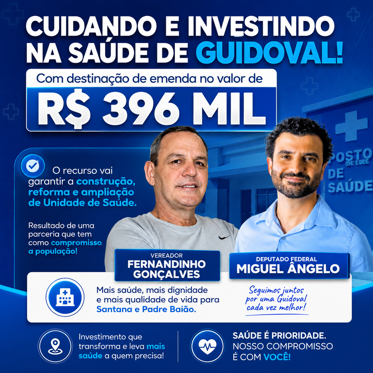 Vereador Fernandinho Gonçalves e Deputado Federal Miguel Ângelo garantem R$ 396 mil para construção de posto de saúde em Guidoval.