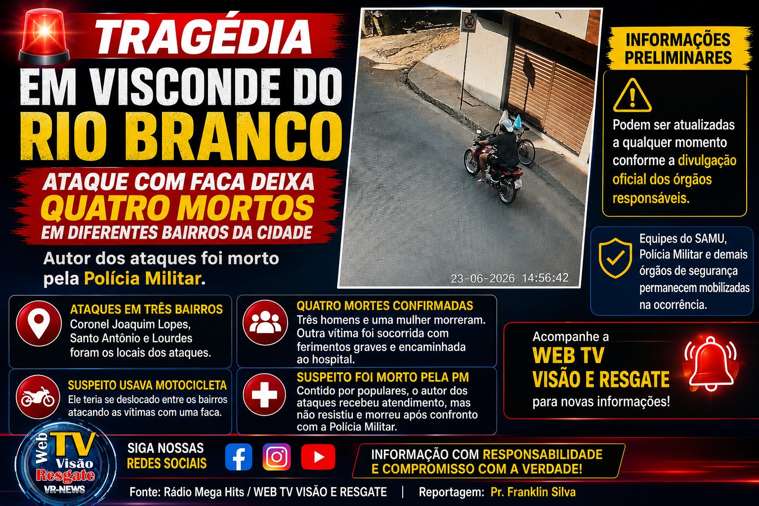 TRAGÉDIA EM VISCONDE DO RIO BRANCO: ATAQUE COM FACA DEIXA QUATRO MORTOS E MOBILIZA FORÇAS DE SEGURANÇA.