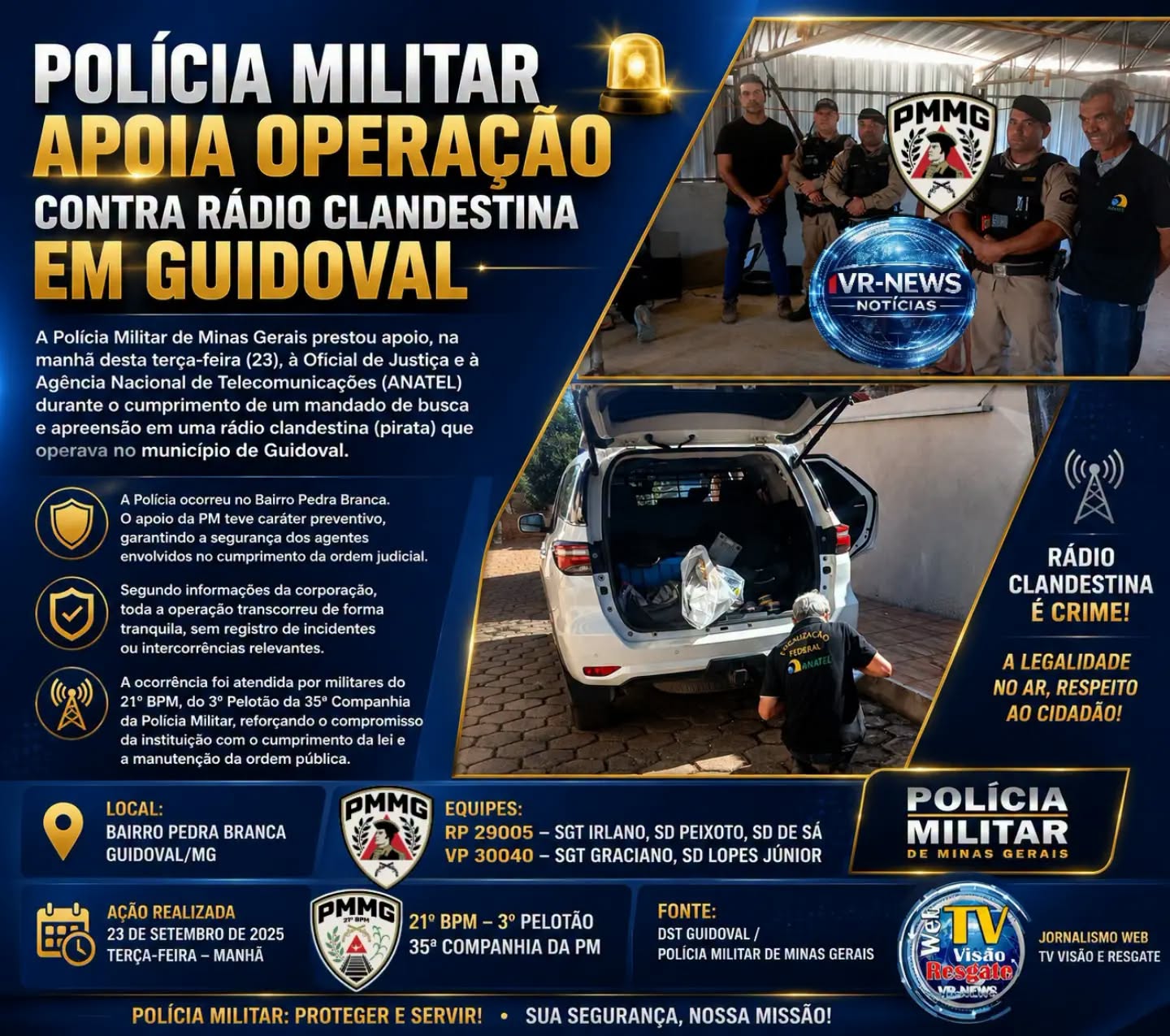 Polícia Militar apoia operação da ANATEL contra rádio clandestina em Guidoval.