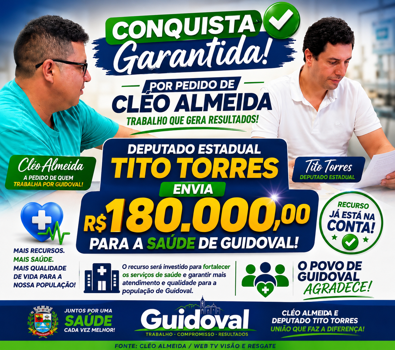 DEPUTADO TITO TORRES DESTINA R$ 180 MIL PARA A SAÚDE DE GUIDOVAL A PEDIDO DE CLÉO ALMEIDA.