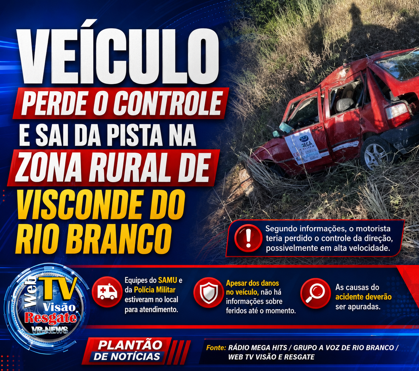 VEÍCULO PERDE O CONTROLE E SAI DA PISTA NA ZONA RURAL DE VISCONDE DO RIO BRANCO.