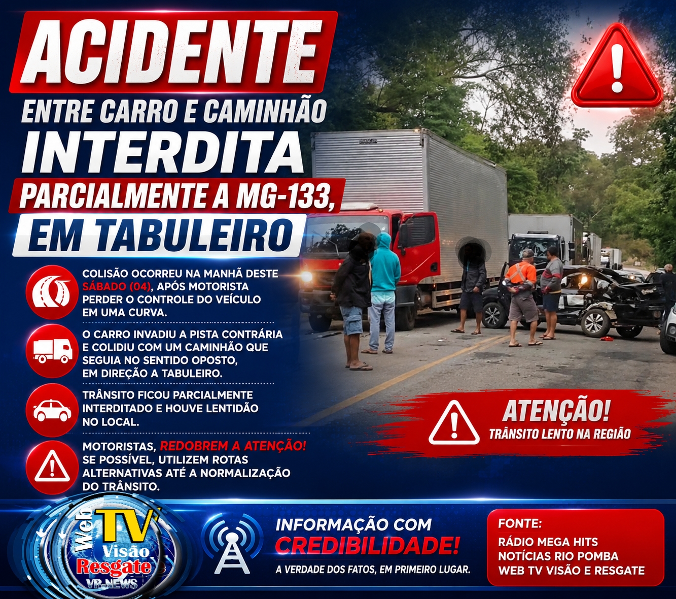 ? *ACIDENTE ENTRE CARRO E CAMINHÃO INTERDITA PARCIALMENTE A MG-133, EM TABULEIRO.