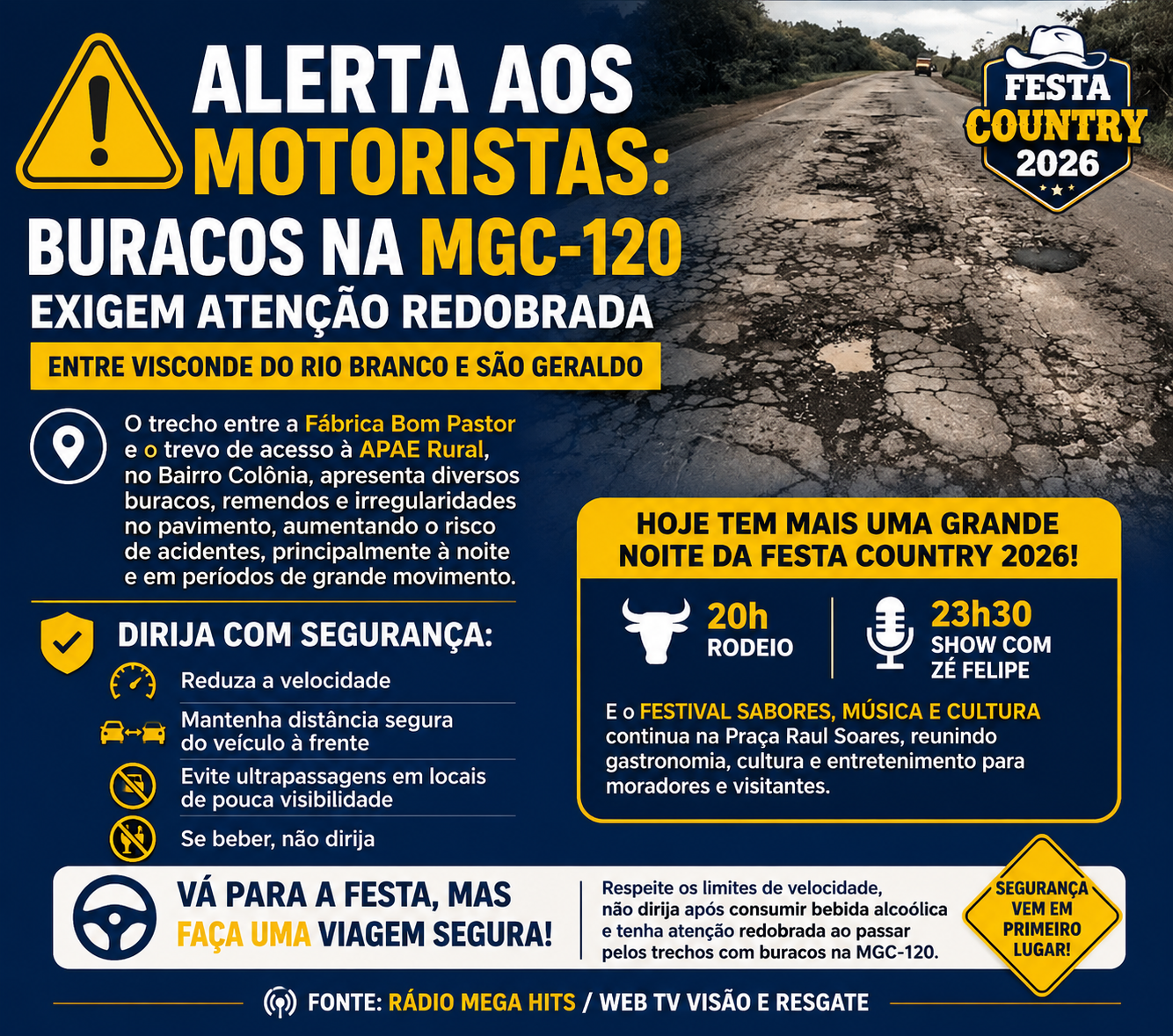 Alerta aos motoristas: buracos na MGC-120 exigem atenção redobrada para quem segue à Festa Country 2026.