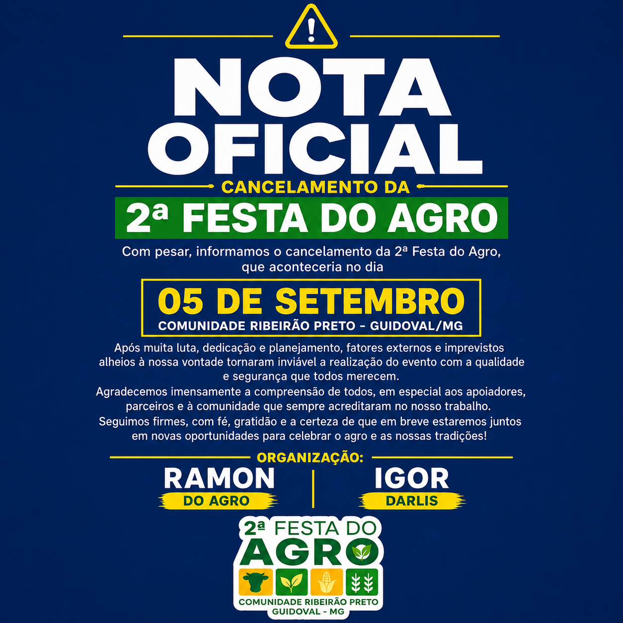 Organização anuncia cancelamento da 2ª Festa do Agro na Comunidade Ribeirão Preto, em Guidoval.