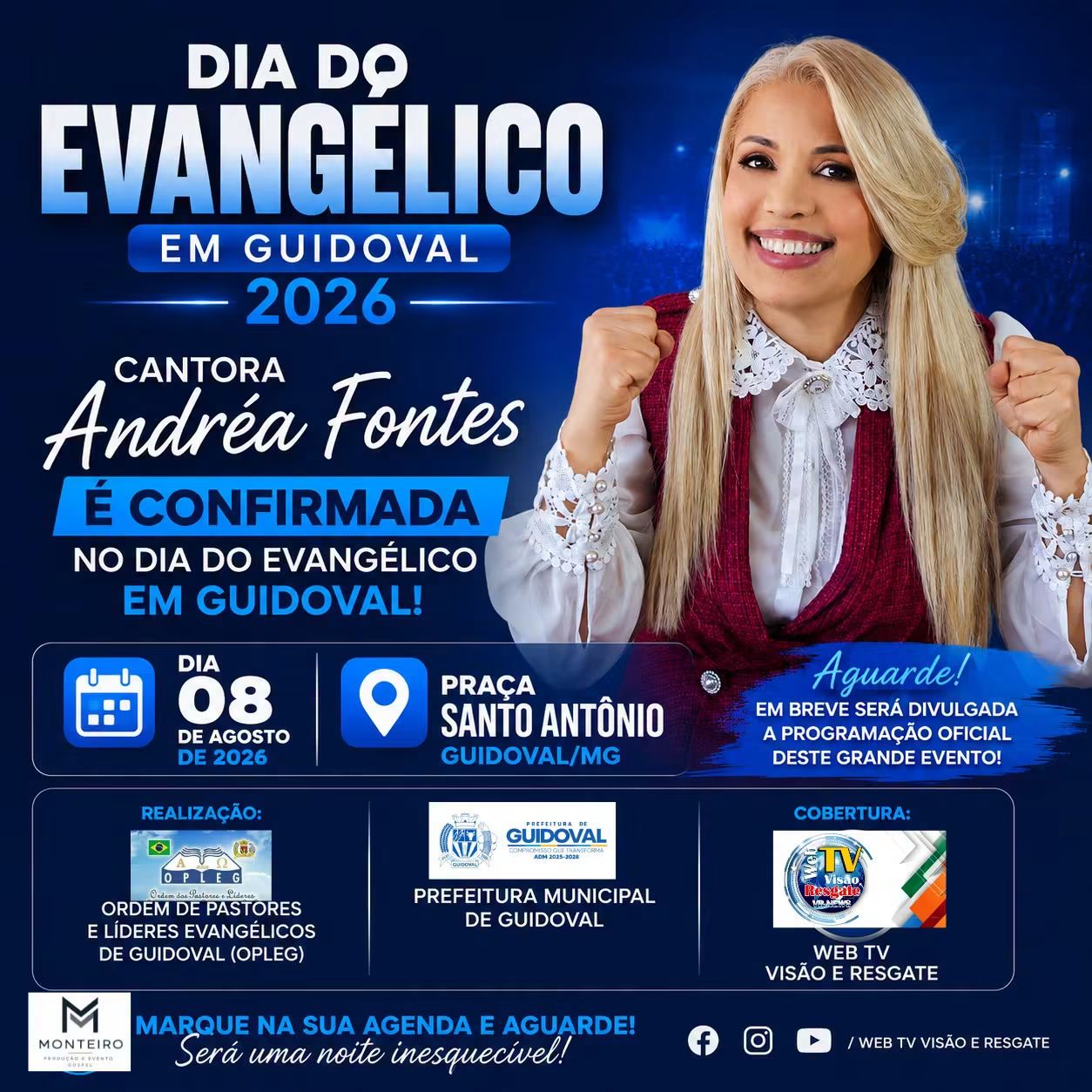 Cantora Andréa Fontes é confirmada como atração do Dia do Evangélico 2026 em Guidoval em 08 de agosto.