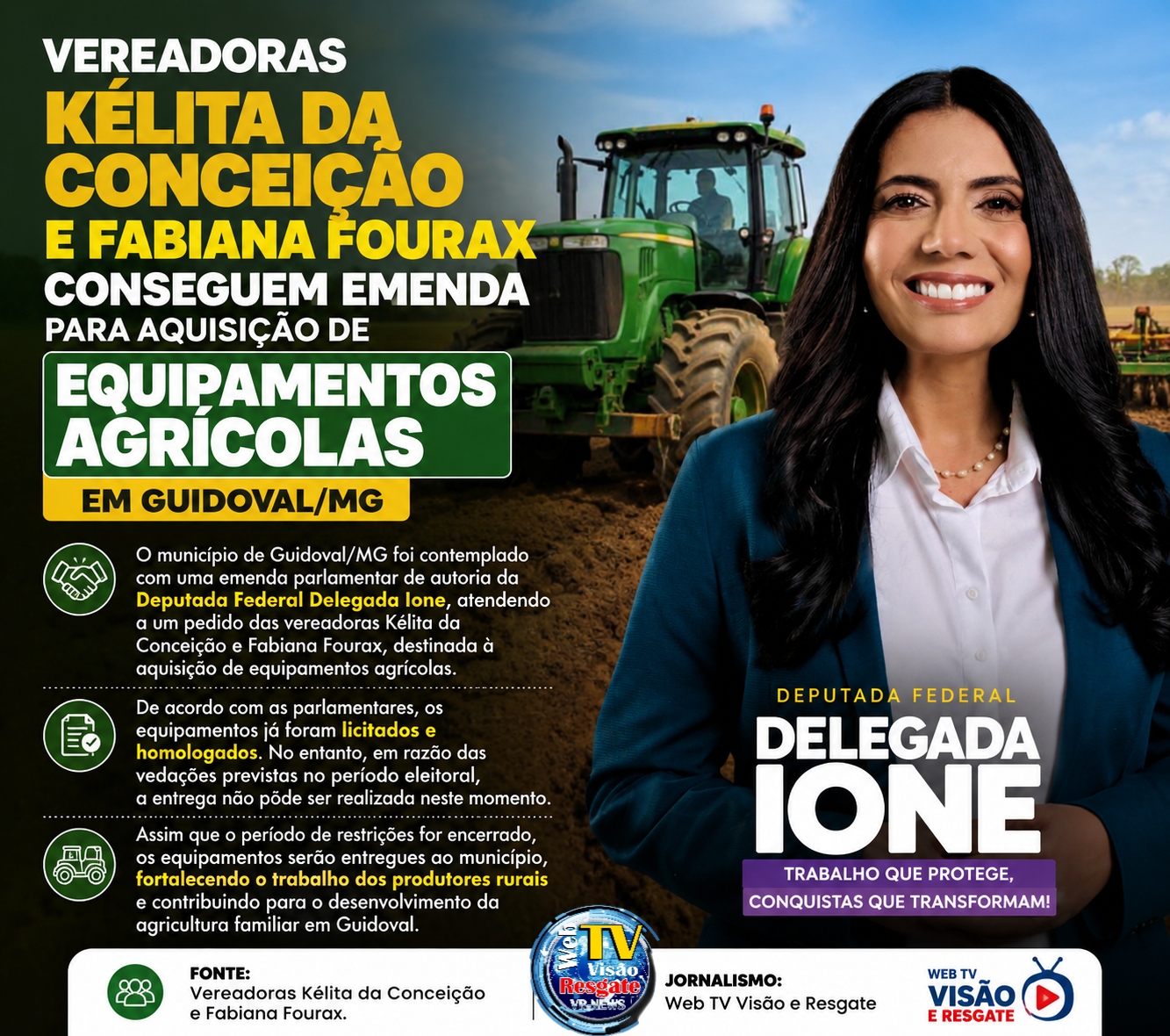 VEREADORAS KÉLITA DA CONCEIÇÃO E FABIANA FOURAX CONSEGUEM EMENDA PARA AQUISIÇÃO DE EQUIPAMENTOS AGRÍCOLAS EM GUIDOVAL.